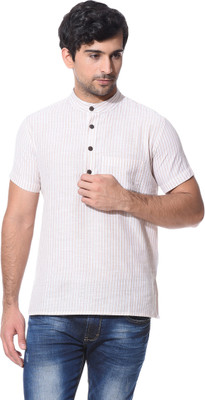 Abhiyuthan Men Striped Straight Kurta(White)