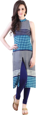 

Libas Women's Checkered Straight Kurta(White, Blue), White and blue