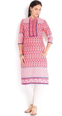 Vishudh Women Printed Straight Kurta(Red, White)