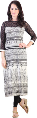 

Libas Women's Printed Straight Kurta(White, Black), Black;white