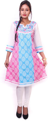 Indibelle Women's Printed Flared Kurta(Blue), Pink