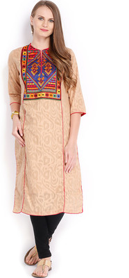 folklore Women Printed Straight Kurta(Pink, Beige)