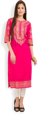 Vishudh Women Printed Straight Kurta(Gold, Pink)