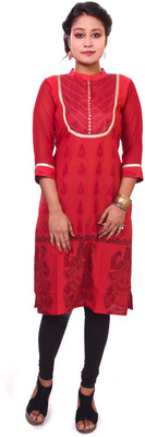 

Indibelle Women's Embroidered Straight Kurta(Red)
