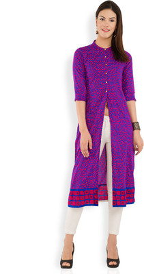 Vishudh Women Printed A-line Kurta(Dark Blue, Pink)