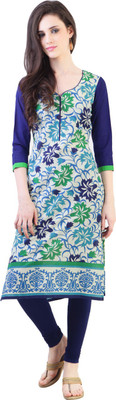 

Libas Women's Floral Print Straight Kurta(White, Blue), White and blue