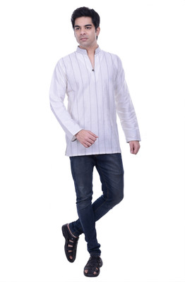 Rene Men Striped Straight Kurta(White) Rene Men Striped Straight Kurta(White)