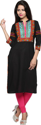 INARA ROBES Women Embroidered Straight Kurta(Black, Orange)