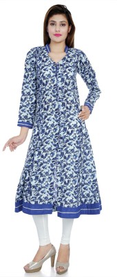 DIVENA Women Printed A-line Kurta(White, Blue)