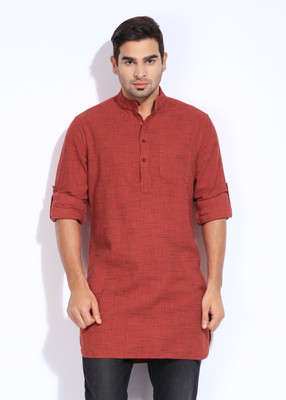 

The Indian Garage Co. Men's Checkered Straight Kurta(Orange), Rust orange