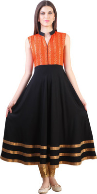 

Libas Women' Solid Anarkali Kurta(Black, Orange, Black and orange
