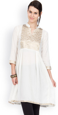 

Jugnu Women's Solid Flared Kurta(White, Cream