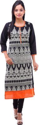 

Kyaara Women's Printed Straight Kurta(Black, Orange), Black;white