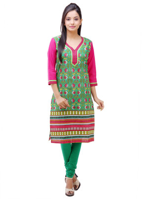 

Kyaara Women's Printed Straight Kurta(Green), Green;pink