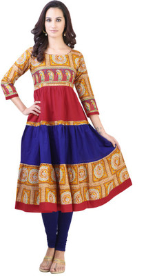 Libas Women's Printed Anarkali Kurta(Multicolor), Red;yellow