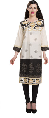 

Ishin Designer Studio Casual Embellished Women's Kurti(Black, Beige
