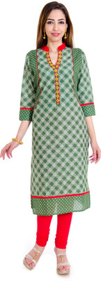 

Halowishes Casual Checkered Women's Kurti(Green)