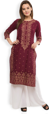 Vishudh Women Printed Straight Kurta(Gold, Maroon)