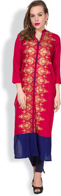 Vishudh Women Printed Straight Kurta(Red, Beige)
