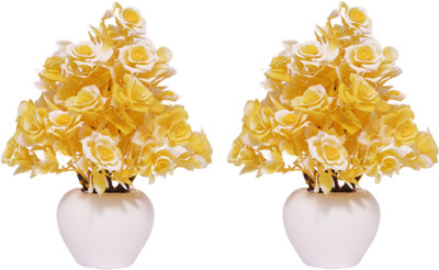 NERAPI Set of 2 Piece Unique, Stylish Yellow Wild Roses Flower Plant for Décoration, Yellow Rose Artificial Flower  with Pot(6.5 inch, Pack of 2, Flower with Basket)