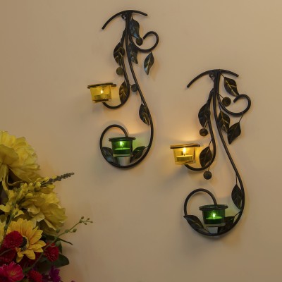 Homesake Wall Hanging Leafy Vine Candle Stand, Wall Scone with Green and Yellow Glass and Candles Glass, Iron 4 - Cup Tealight Holder Set(Green, Black, Yellow, Pack of 2)