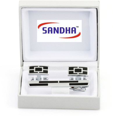 SANDHA Stainless Steel Cufflink & Tie Pin Set(Black)