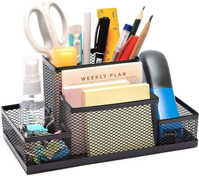 GENIYO 4 Compartments Desk Organizer | Metal Mesh Pen Stand & Pencil Holder Stand For Office Table Desk Organizer(Black)
