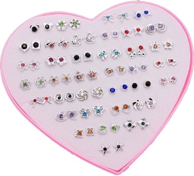 DIVINE Combo/Pack/Set of 36 Pair of Silver Multi Colored Mixed design Stud Colorful Mix Design Earring Stud Set with Heart Box for Baby Girls, Women and Girls. (1 Box) Alloy Stud Earring