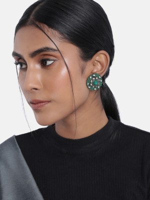 I Jewels Silver Oxidized Kundan Studded Meena Work Designer Circular Stud Earrings Alloy Stud Earring