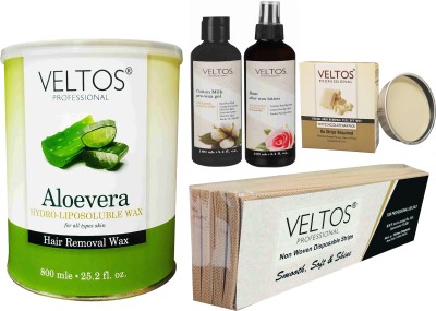 Veltos PROFESSIONAL ALOE VERA FACE AND BODY WAXING COMBO KIT (ALOE VERA BODY WAX 800ML, WHITE CHOCO PEEL OFF FACE WAX 80GM, COTTON PRE-WAX GEL 100ML, ROSE AFTER WAX LOTION 100ML, STRIPS PACK) Wax(1200 g, Set of 5)