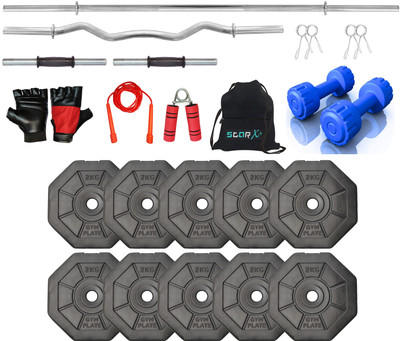 STARX 20 kg Hexa PVC Adjustable Dumbbell Set with 3FT Curl Rod and 5Ft Straight Rod and 2KG Dumbbells Set with Gym Accessories Home Gym Combo