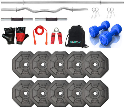STARX 30 kg Hexa PVC Adjustable Dumbbell Set with 3FT Curl Rod and 5Ft Straight Rod and 2KG Dumbbells Set with Gym Accessories Home Gym Combo