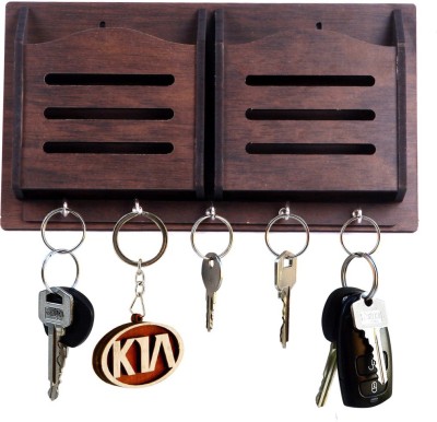 Nexat Wooden Brown Color | 5 Hooks | Key Holder | 2Mobile Stand Wood Key Holder(5 Hooks, Brown)