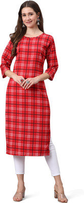 PINK WISH Women Abstract Flared Kurta(Red)