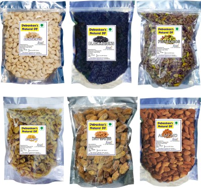 Debankan's Natural DF Combo Pack (6 x 100 gm Pack ) Almonds, Black Raisin,Plain Pistachios, Dry Dates,Raisins, Cashews Almonds, Cashews, Pistachios, Raisins, Dates, Raisins(6 x 100 g)