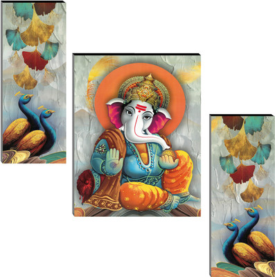 Indianara Set of 3 Lord Ganesha with Peacock MDF Art Painting (3805FL) without glass (4.5 X 12, 9 X 12, 4.5 X 12 INCH) Digital Reprint 12 inch x 18 inch Painting(With Frame, Pack of 3)