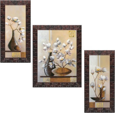 Indianara Set of 3 White Flowers in Vases Framed Art Painting (3050GBNN) without glass (6 X 13, 10.2 X 13, 6 X 13 INCH) Digital Reprint 13 inch x 10.2 inch Painting(With Frame, Pack of 3)