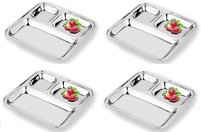 JPShub Stainless Steel 3 In 1 Five Compartment Divided Dinner Plate set of 4 Sectioned Plate(Pack of 4)