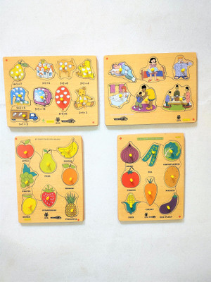 PETERS PENCE Wooden Multi-Color SET OF VEGETABLE, FRUITS Number Counting & Daily Activities PUZZLE Board for Kids ( COMBO OF 4 BOARDS) For Pre Primary Education(31 Pieces)