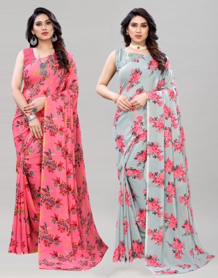 Samah Floral Print Daily Wear Georgette Saree(Pack of 2, Pink, Grey)