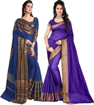 BAPS Self Design, Striped, Woven, Embellished, Solid/Plain Bollywood Cotton Blend, Art Silk Saree(Pack of 2, Purple, Blue)