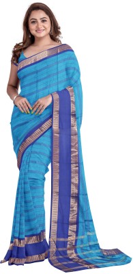 jmoverseas Striped Bollywood Linen, Cotton Silk Saree(Light Blue)