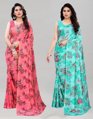 Samah Geometric Print, Printed Bollywood Georgette Saree(Pack of 2, Light Blue, Pink)