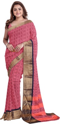 jmoverseas Striped Bollywood Linen, Cotton Silk Saree(Pink)