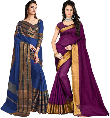BAPS Self Design, Striped, Woven, Embellished, Solid/Plain Bollywood Cotton Blend, Art Silk Saree(Pack of 2, Magenta, Blue)