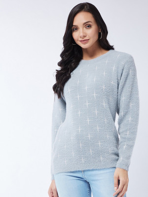 Modeve Printed Round Neck Casual Women Blue Sweater