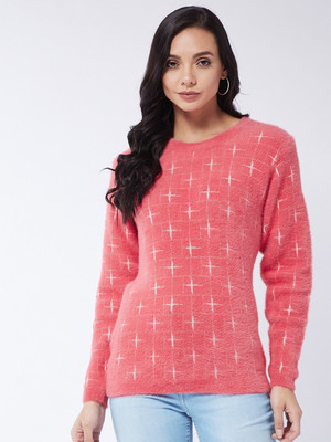 Modeve Printed Round Neck Casual Women Pink Sweater