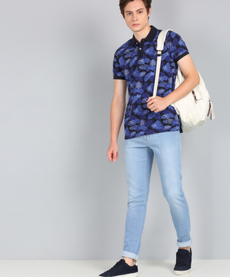 FLYING MACHINE Printed Men Polo Neck Dark Blue T-Shirt