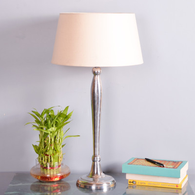 Homesake Royal Ovoid chrome lamp with khadi shade Table Lamp(60 cm, Silver)