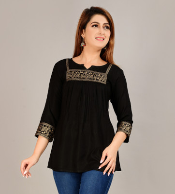 Brijam Casual Self Design Women Black Top